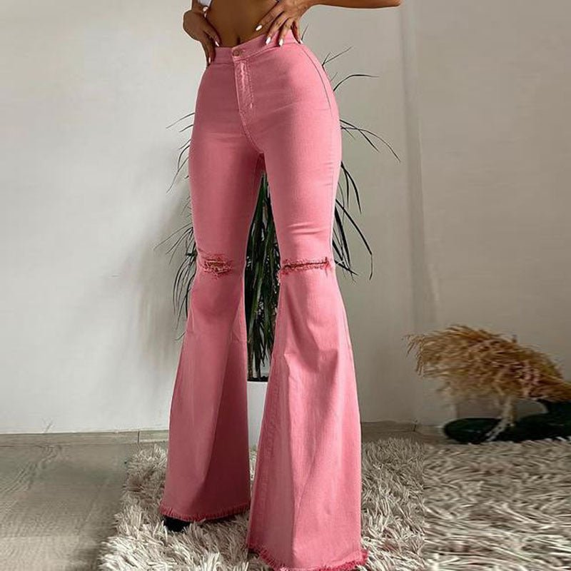 Colored Stretch Denim Trousers with Ripped Frayed Flared Pants - InspiredGrabs.com