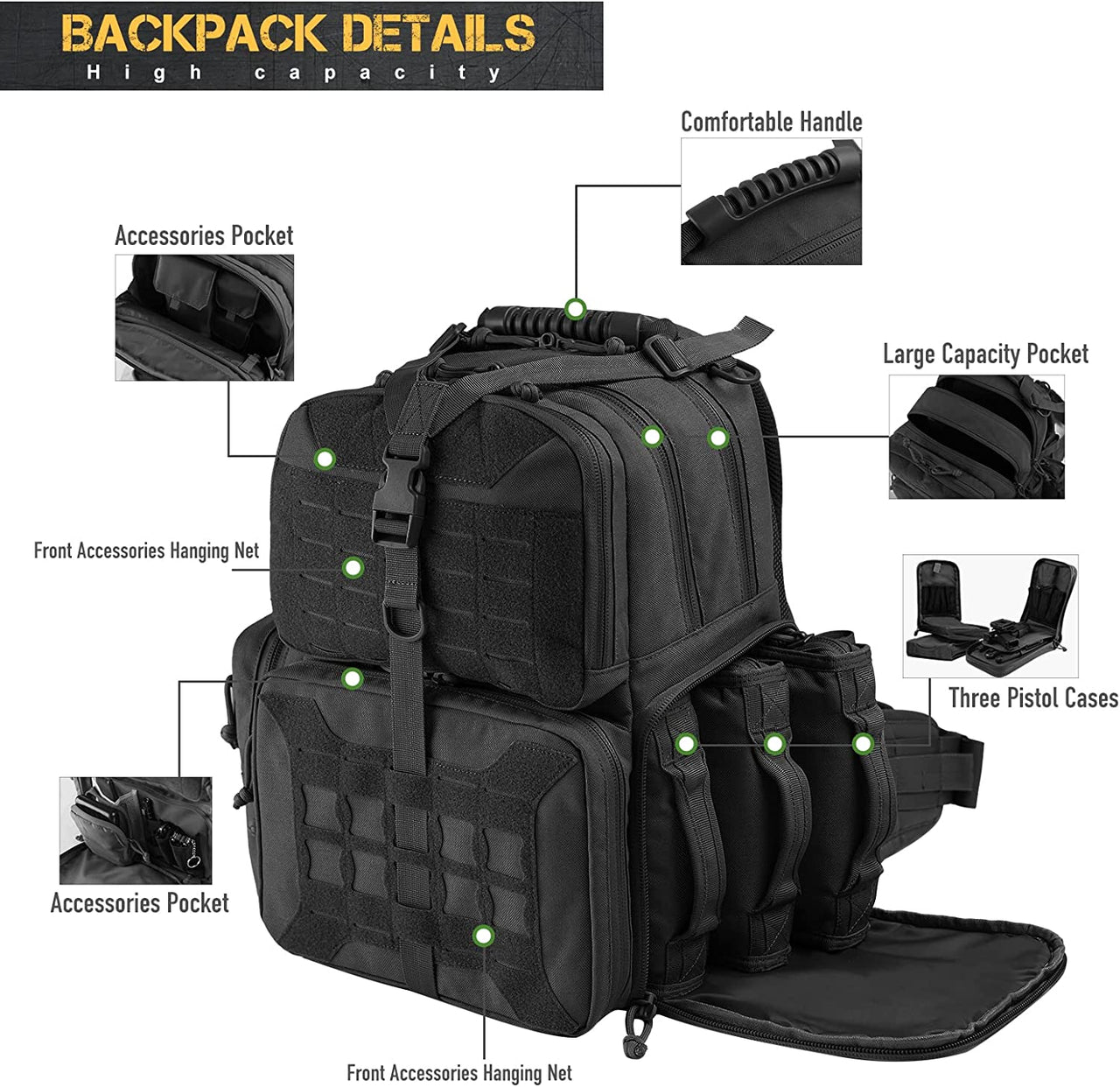 Tactical Range Backpack Bag, VOTAGOO Range Activity Bag for Handgun And Ammo, 3 Pistol Carrying Case for Hunting Shooting - InspiredGrabs.com