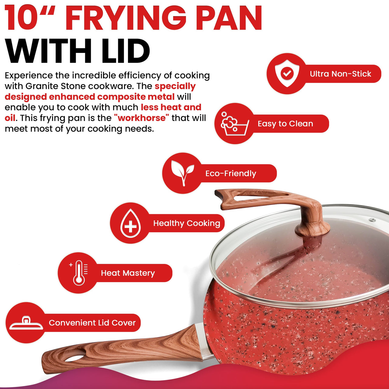 10-Inch Frying Pan with Special Lid - Deluxe Copper Granite Stone Coating - PFOA PFOS PTFE Free - Premium Nonstick Scratch Proof Coating - Comes with Special Lid, Red - InspiredGrabs.com