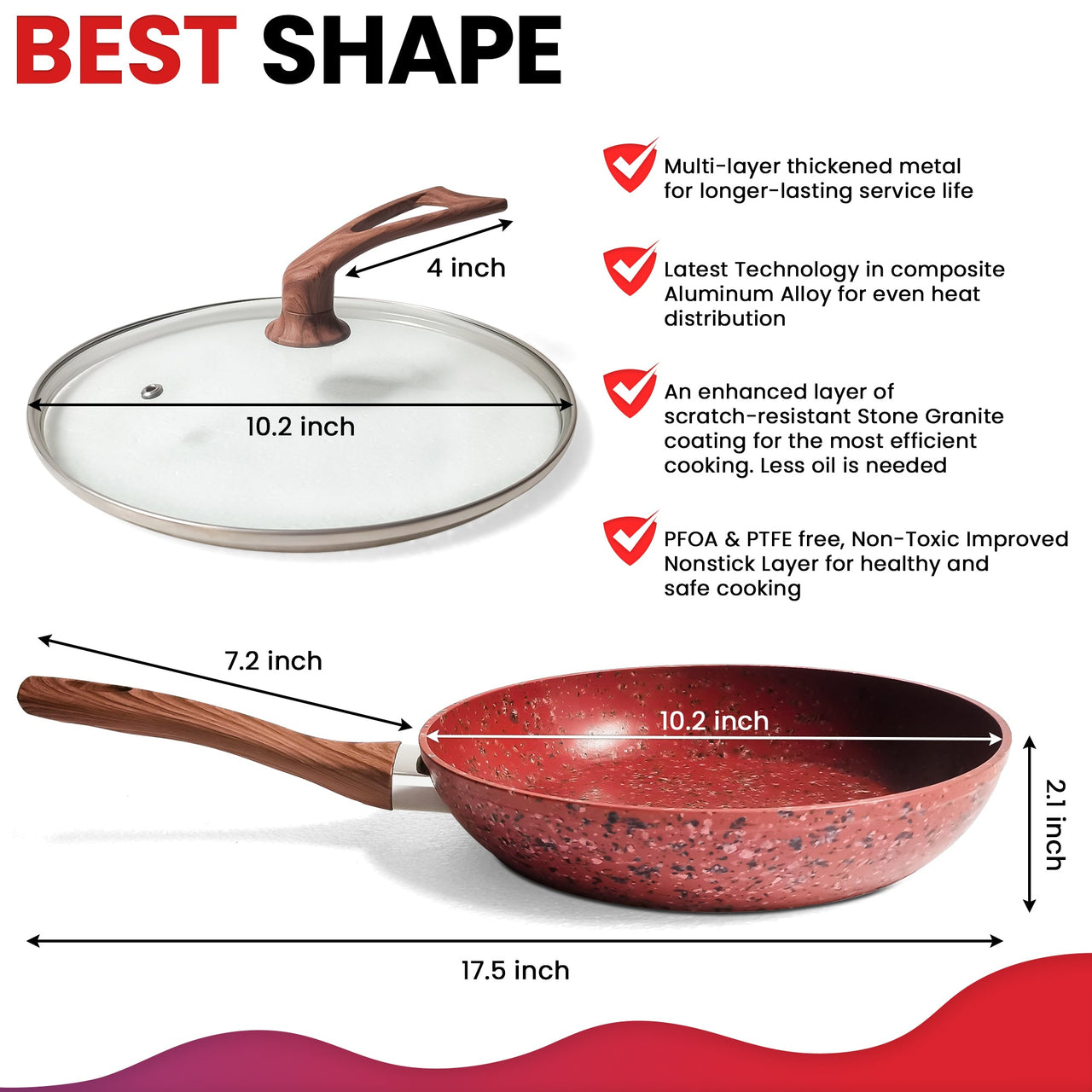 10-Inch Frying Pan with Special Lid - Deluxe Copper Granite Stone Coating - PFOA PFOS PTFE Free - Premium Nonstick Scratch Proof Coating - Comes with Special Lid, Red - InspiredGrabs.com