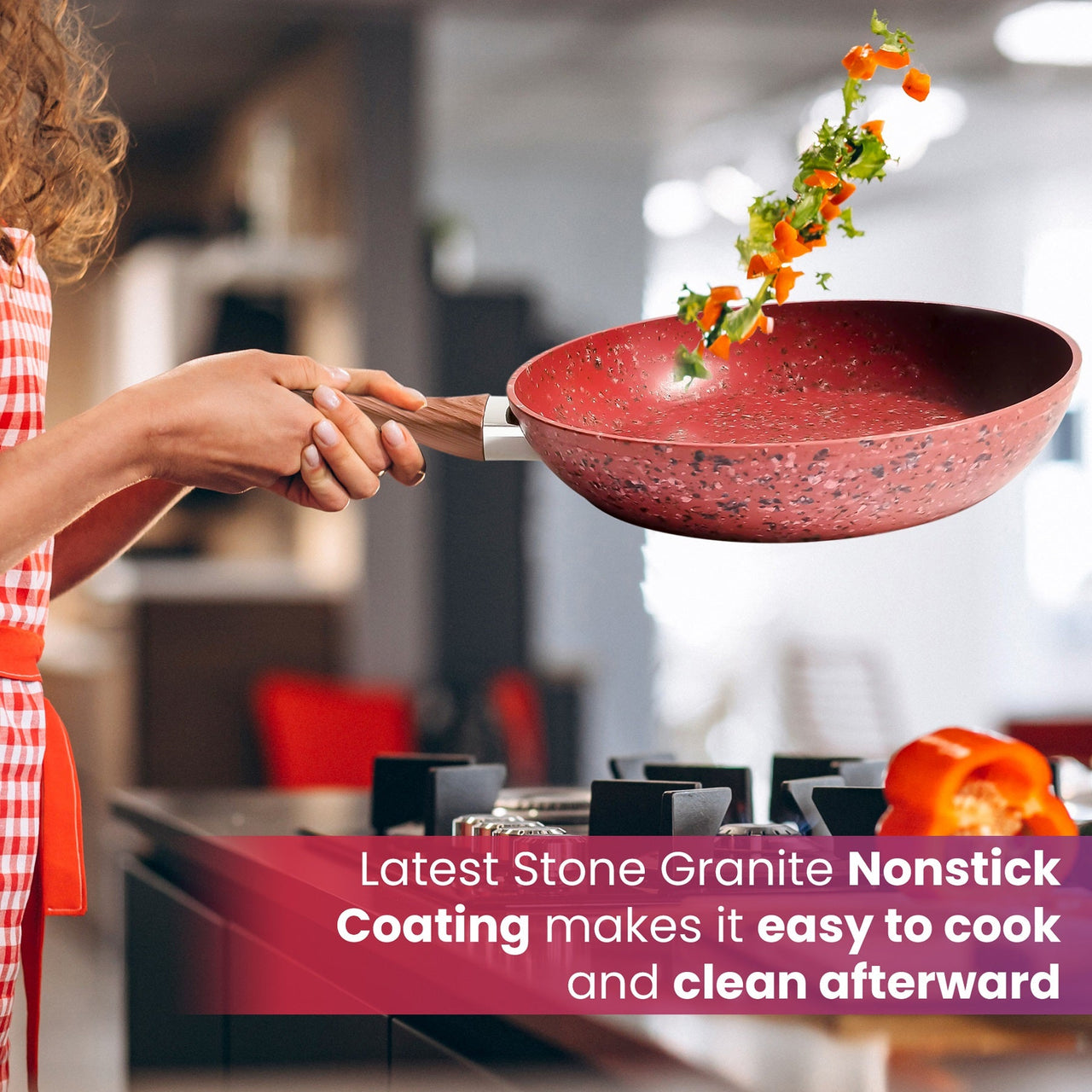 10-Inch Frying Pan with Special Lid - Deluxe Copper Granite Stone Coating - PFOA PFOS PTFE Free - Premium Nonstick Scratch Proof Coating - Comes with Special Lid, Red - InspiredGrabs.com