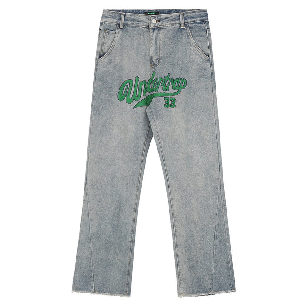 Turn heads with our brand-new line of letter embroidery jeans for men. - InspiredGrabs.com