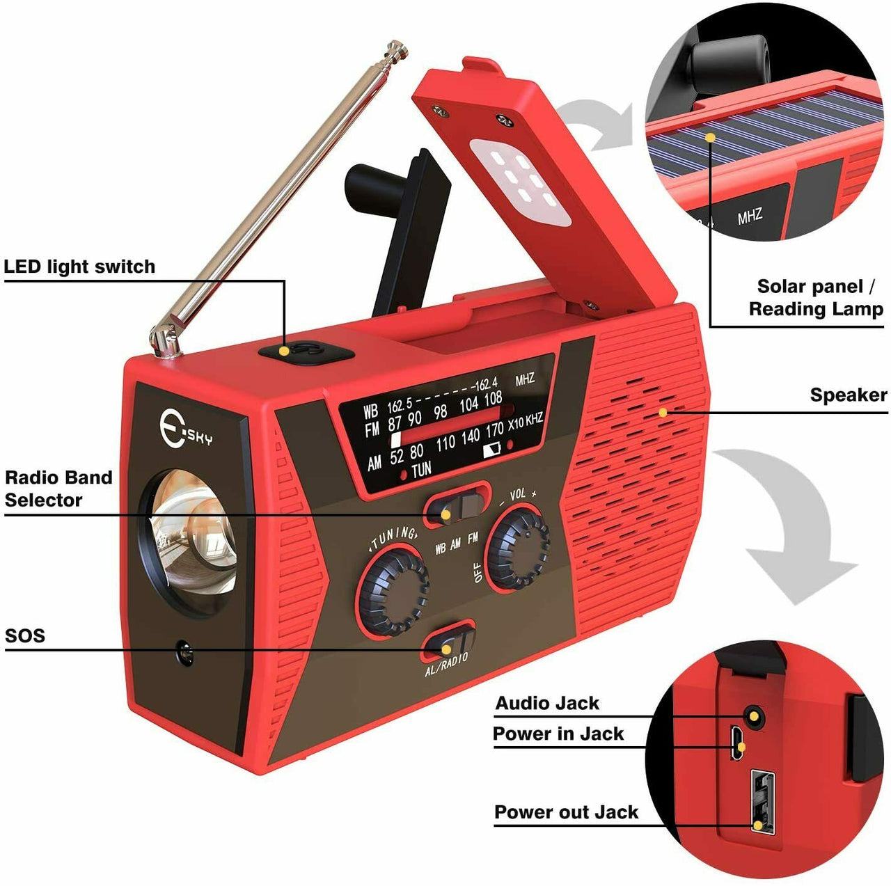 2000mAh Emergency LED Radio Solar Hand Crank AM FM NOAA Flashlight Phone Charger Portable Searchlight Outdoor Emergency Radio Survival Light - InspiredGrabs.com