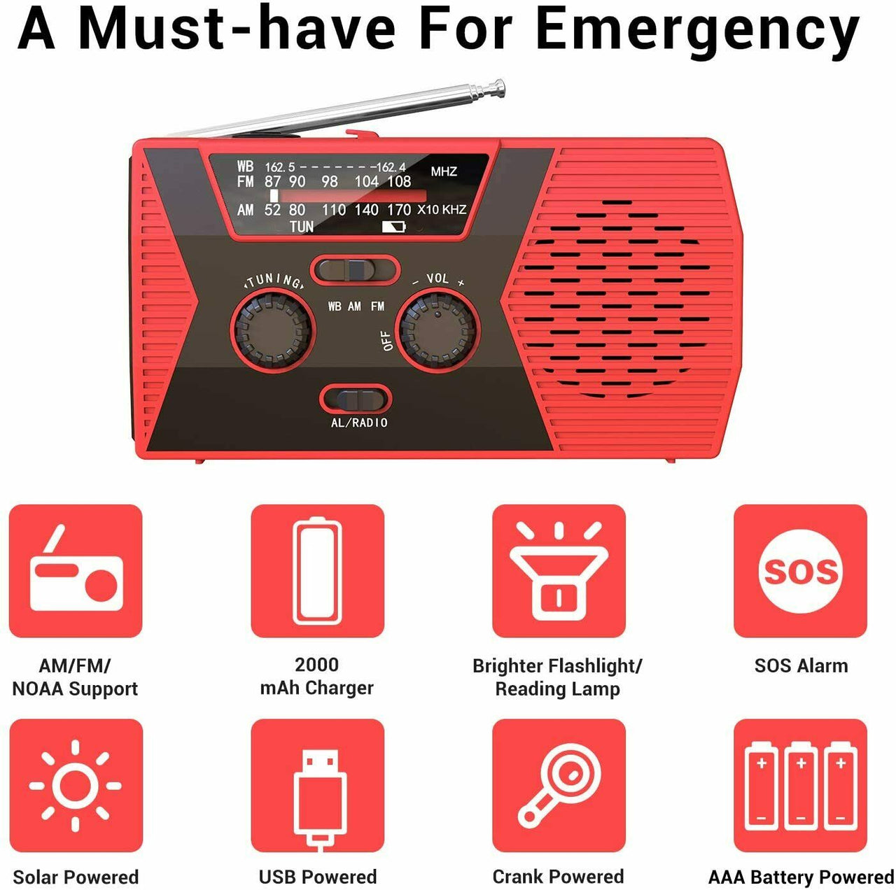 2000mAh Emergency LED Radio Solar Hand Crank AM FM NOAA Flashlight Phone Charger Portable Searchlight Outdoor Emergency Radio Survival Light - InspiredGrabs.com