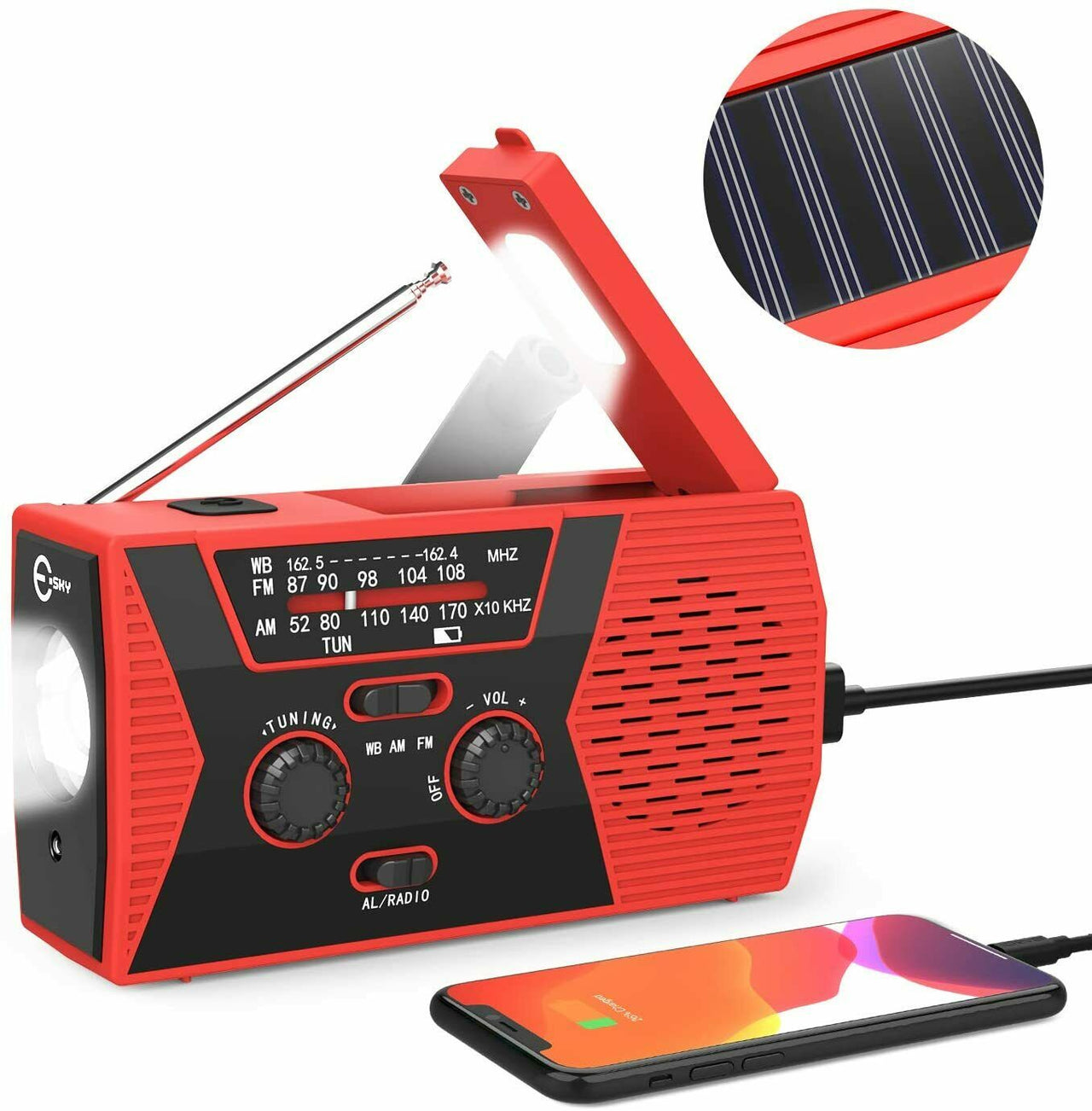 2000mAh Emergency LED Radio Solar Hand Crank AM FM NOAA Flashlight Phone Charger Portable Searchlight Outdoor Emergency Radio Survival Light - InspiredGrabs.com