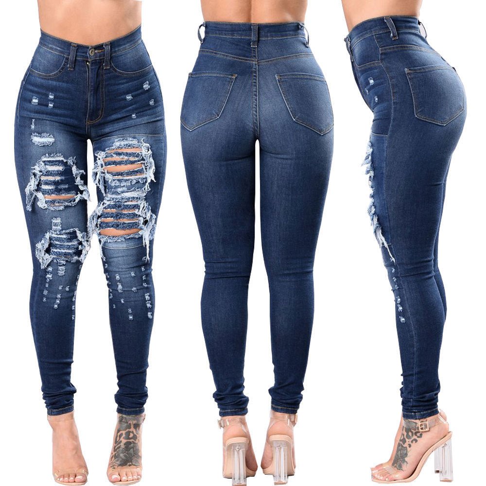 Women's Ripped Denim Washed Denim Pants - InspiredGrabs.com