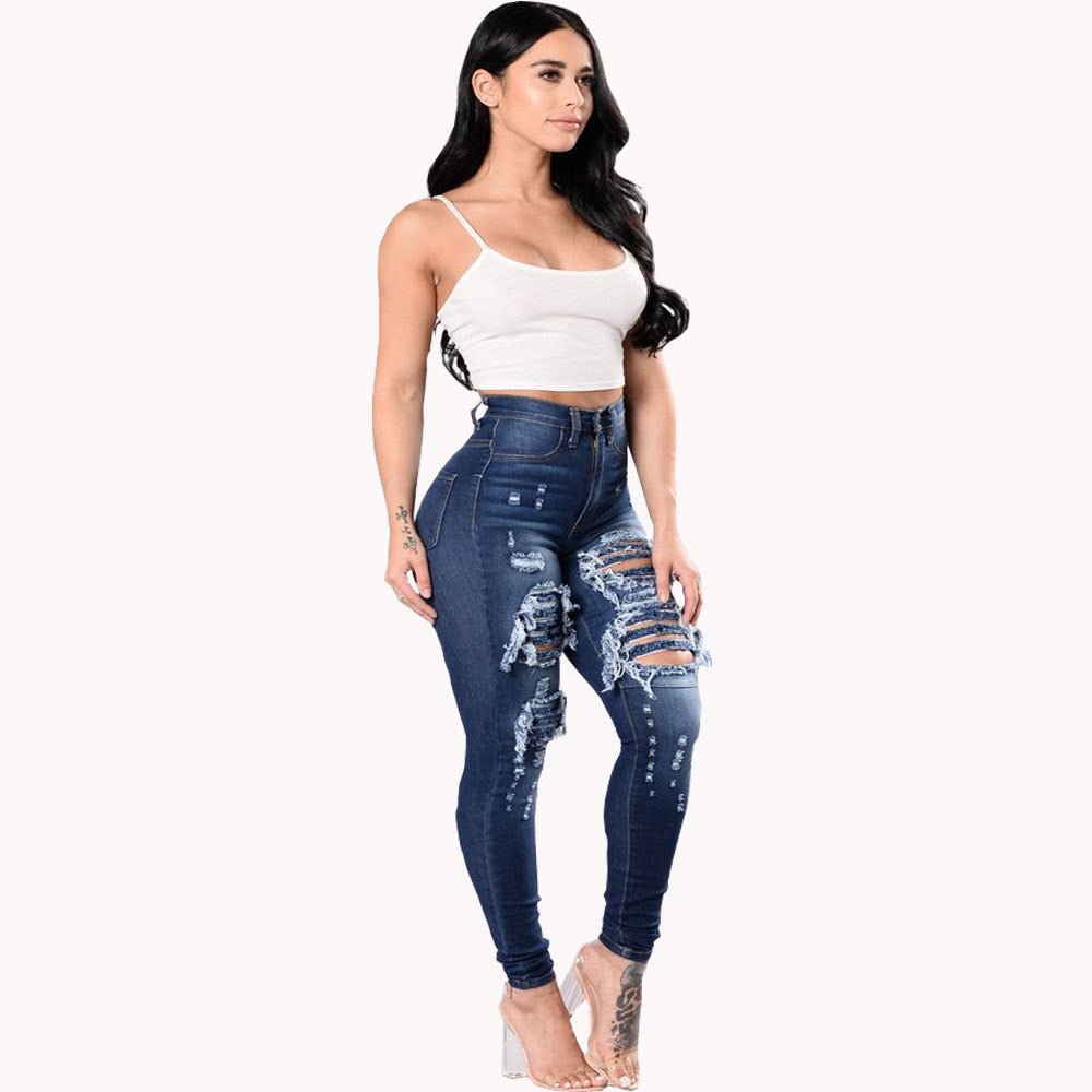 Women's Ripped Denim Washed Denim Pants - InspiredGrabs.com