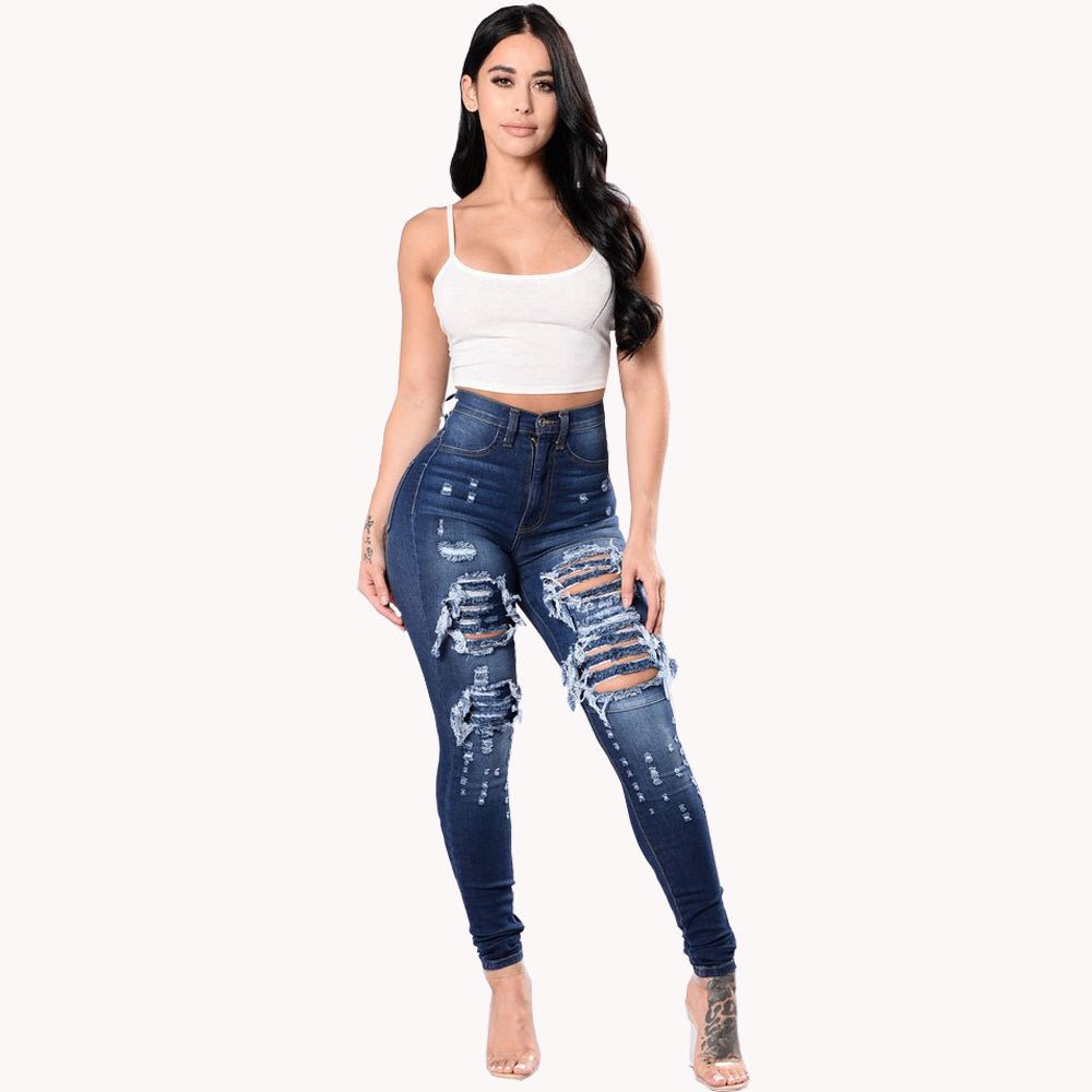 Women's Ripped Denim Washed Denim Pants - InspiredGrabs.com