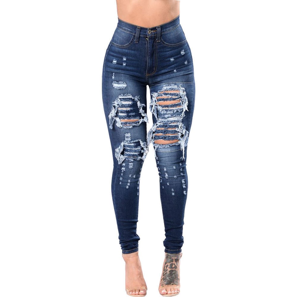 Women's Ripped Denim Washed Denim Pants - InspiredGrabs.com